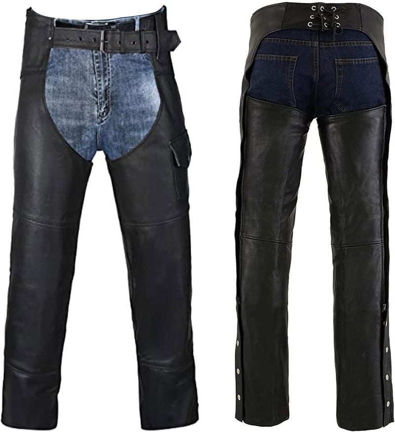 DALLX Black Leather Chaps for Men’s Motorcycle Bikers Cow Skin Full Grain Heavy Duty Leather Chaps - Image 4